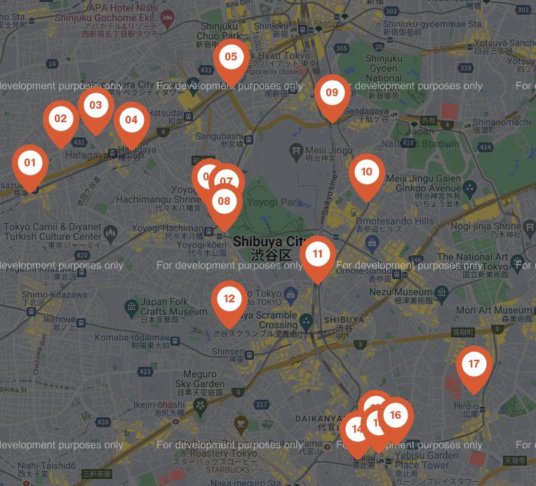 Overview map showing all 17 Tokyo Toilet locations.