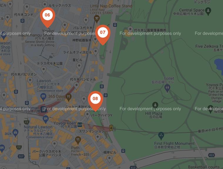 Map showing Tokyo Toilet locations #06, 07, and 08.