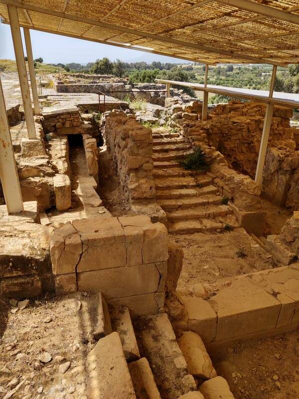 Drain alongside a staircase in the larger villa at the Minoan settlement of Agia Triada in south-central Crete.