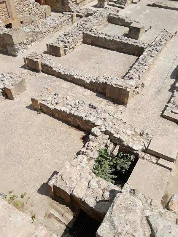 The actual Queen's Toilet at prehistoric site of Knossos, outside Iraklia in Crete. View to east-northeast. Beyond the toilet room, the so-called 'Lair', and beyond that, the Queen's Bath.