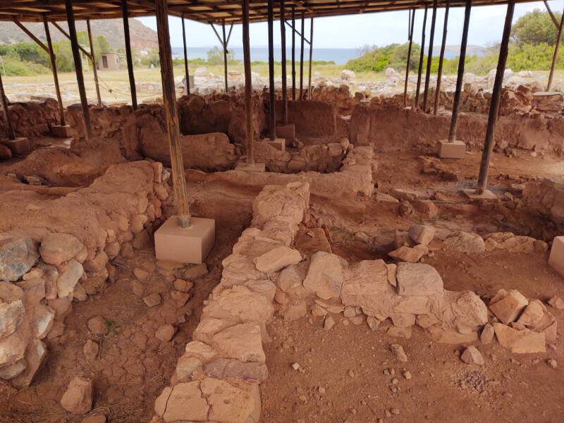 Covered mudbrick structures where the Palaikastros Kouros was found, in the Minoan port city of Roussolakkos.