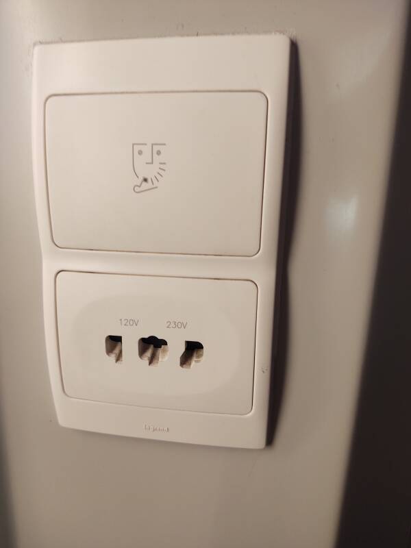 Electrical outlet in the toilet compartment on board the Al Boraq high-speed train operating between Casablanca and Tangier.