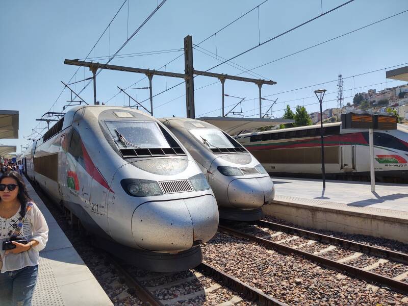 Two Al Boraq high-speed trains operating between Casablanca and Tangier, at the Tangier Ville station.