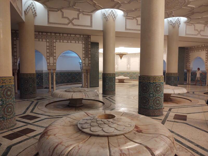 Large fountains in the underground ablutions facility in the Hassan II Mosque in Casablanca.