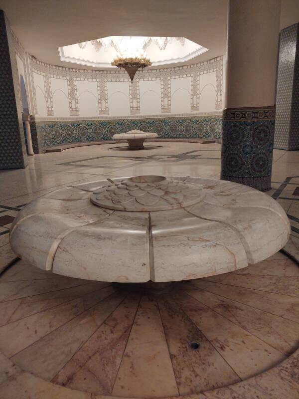 Large fountains in the underground ablutions facility in the Hassan II Mosque in Casablanca.