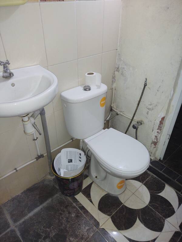 My bathroom in a guesthouse in the Fez el Bali medina: sink and toilet.