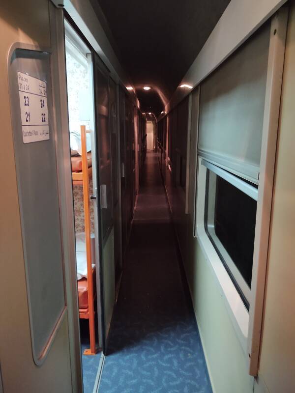 Passageway on overnight sleeper train between Tangier and Marrakech.