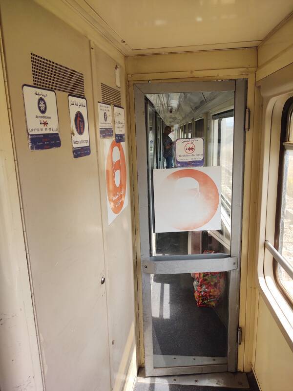 Luggage in the passageway of a first-class car on the passenger train from Kenitra to Meknès.