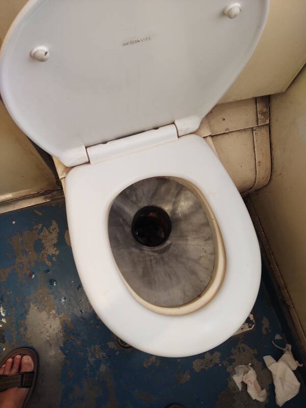 Looking into the toilet on the passenger train from Kenitra to Meknès.