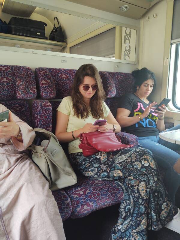 Women in a first-class compartment on the passenger train from Kenitra to Meknès.