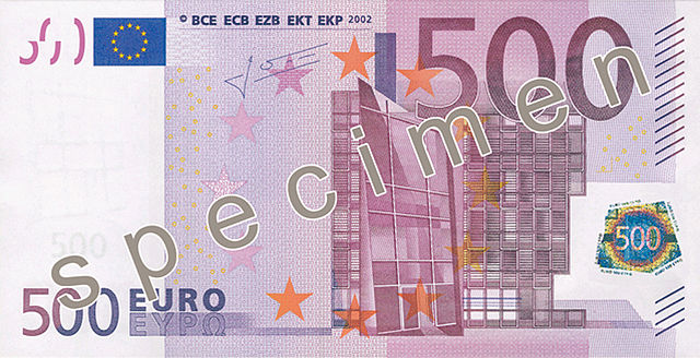 Obverse (front) face of 500 euro note, from https://en.wikipedia.org/wiki/500_euro_note