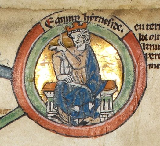 Edmund Ironside, Edmond Côte-de-Fer, known as Edmond II of England, in a royal genealogy of the 14th century, from https://en.wikipedia.org/wiki/File:Edmund_Ironside_-_MS_Royal_14_B_VI.jpg, originally from the British Library http://www.bl.uk/manuscripts/FullDisplay.aspx?ref=Royal_MS_14_B_VI