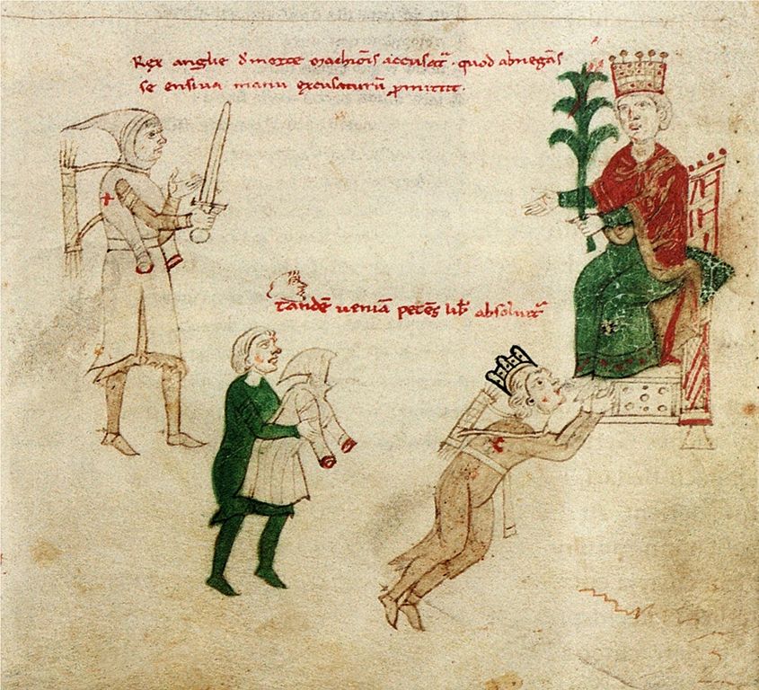 Richard Lion-Heart kissing the feet of Henry VI, from 'Liber ad Honorem Augusti' by Petrus de Ebulo, from https://commons.wikimedia.org/wiki/File:Heinrich_VI._begnadigt_Richard_Loewenherz.jpg