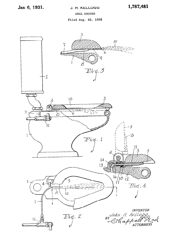 US Patent 1,787,481, the Anal Douche, issued to John Harvey Kellogg