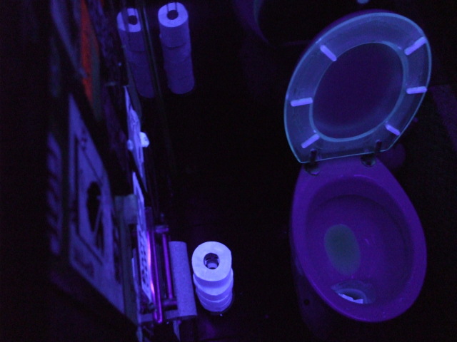 Blacklight fluorescent toilet at the Homegrown Fantasy coffeeshop in Amsterdam.