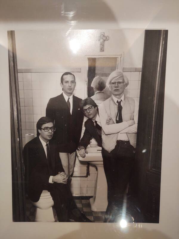 Andy Warhol and other artists in Andy's bathroom.
