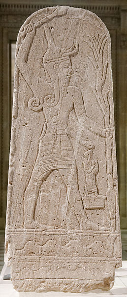 Stele of Ba'al found at Ugarit, at the Louvre in Paris, from https://commons.wikimedia.org/wiki/File:Baal_thunderbolt_Louvre_AO15775.jpg