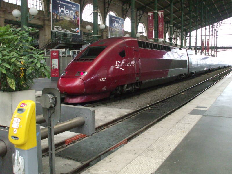 Belgian Thalys train in the Paris Gare du Nord station.