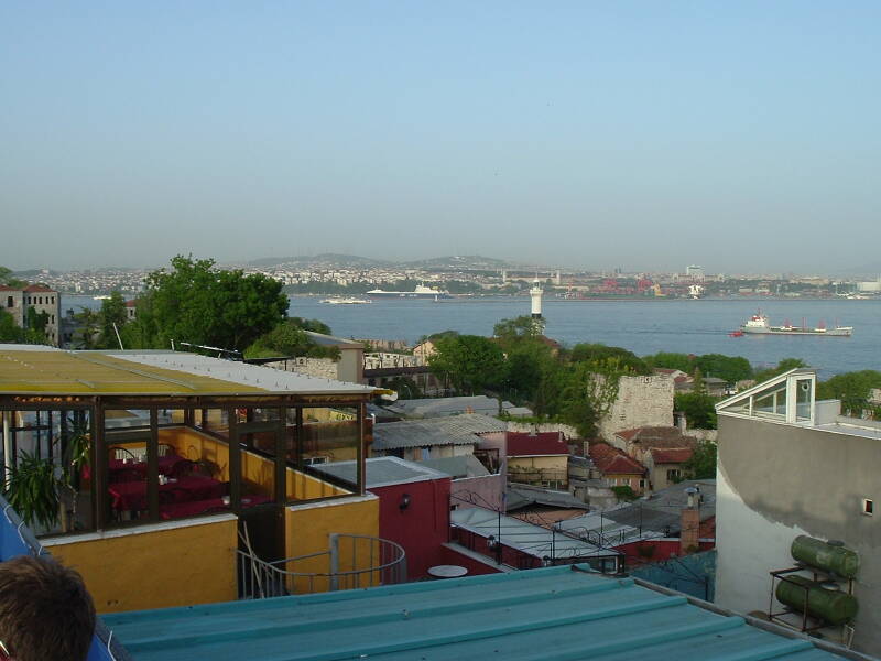 View across the Bosphorus from Europe to Asia, from a rooftop in the Sultanahmet district in İstanbul.