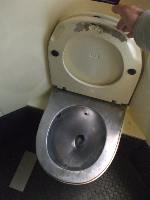 Washroom on board EuroCity passenger train from Budapest to Prague.