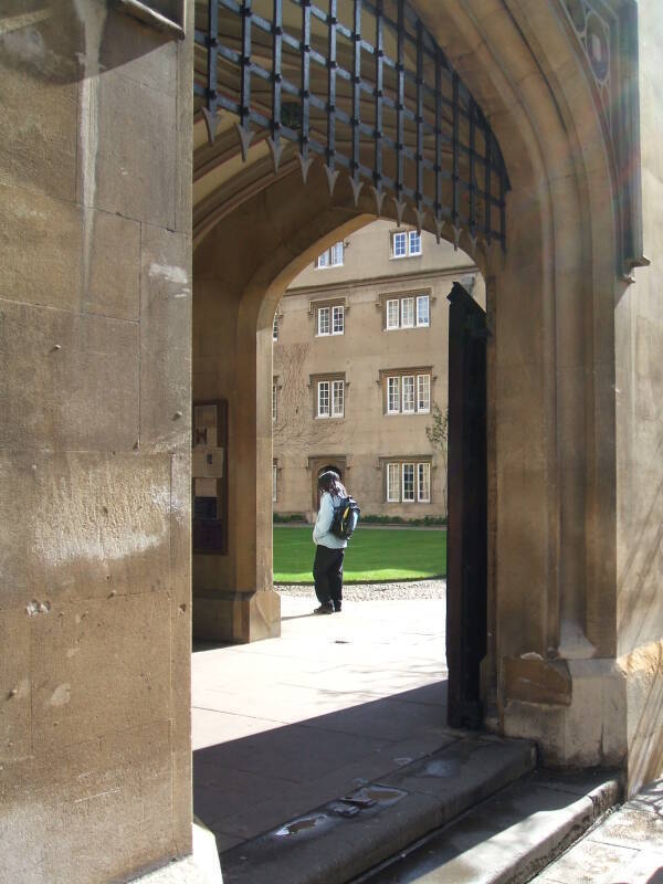 Porticullis in a gateway leading into a college at the University of Cambridge.