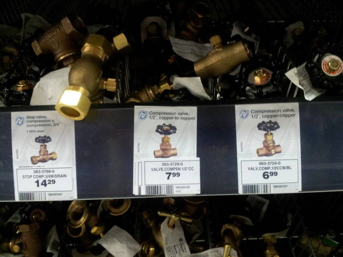 Copper water valves in an Canadian Tire store in Toronto.