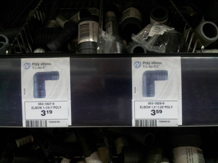 Polymer pipe fittings in an Canadian Tire store in Toronto.