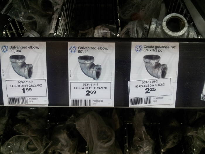 Galvanized iron pipe fittings in an Canadian Tire store in Toronto.