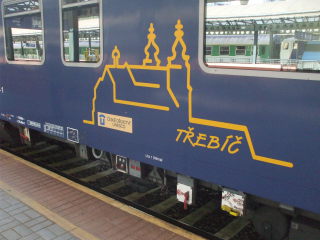 City Night Line passenger train from Prague to Amsterdam, Czech rail labels on passenger car.