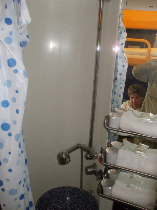 Private toilet in a first class sleeper compartment on board the City Night Line passenger train from Prague to Berlin, Köln, and Amsterdam.