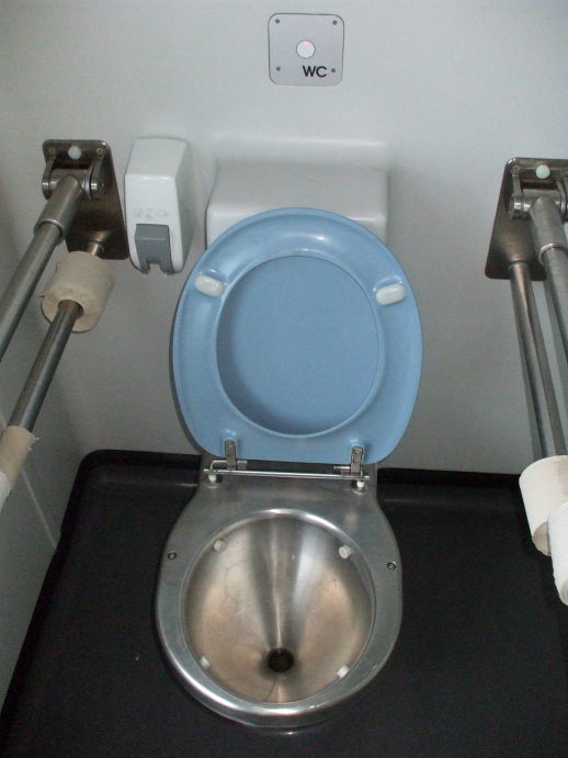 Handicap accessible toilet on board the City Night Line passenger train from Prague to Berlin, Köln, and Amsterdam.