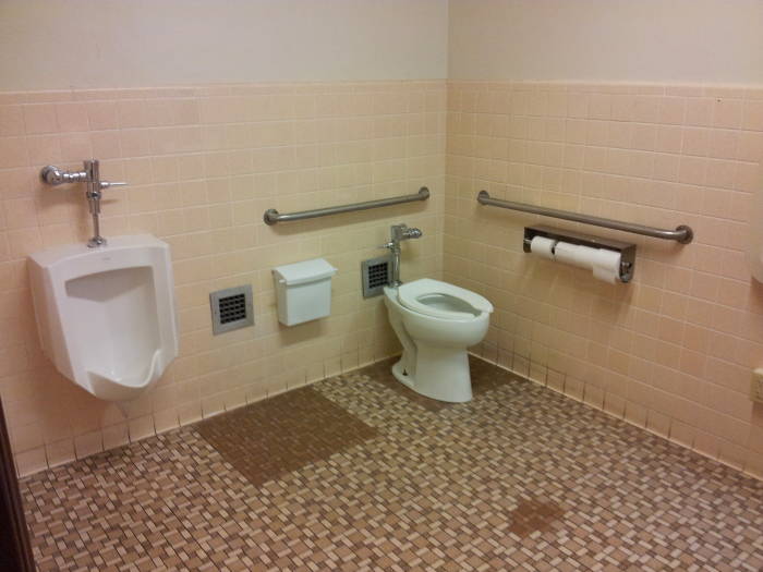 Unisex restroom with urinal and toilet in the Electrical Engineering building at Purdue University.