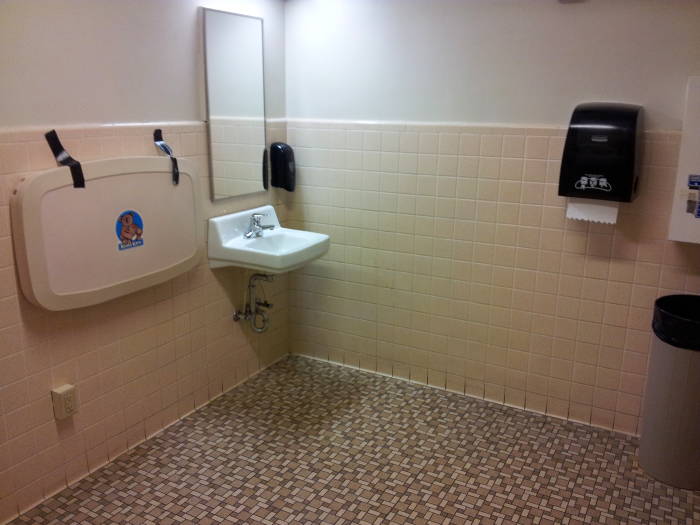 Unisex restroom with sink and diaper changing table in the Electrical Engineering building at Purdue University.
