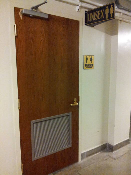 Entry door to unisex restroom in the Electrical Engineering building at Purdue University.