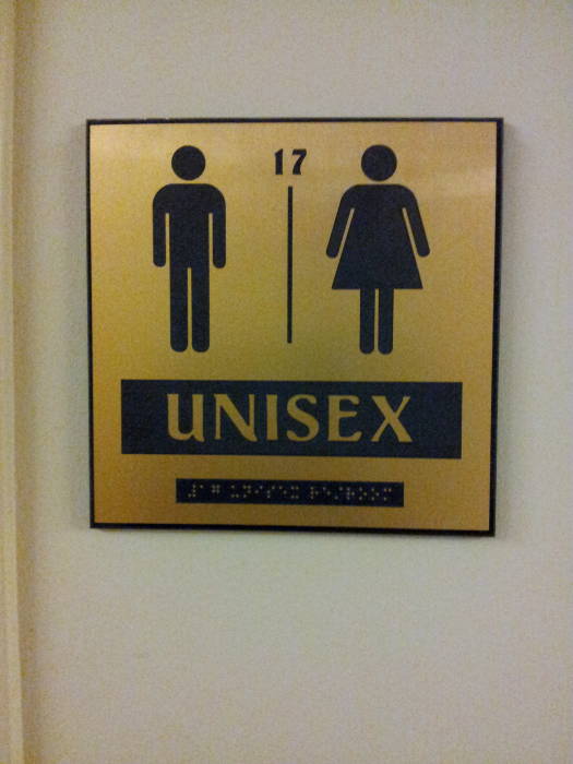 Unisex restroom sign in the Electrical Engineering building at Purdue University.