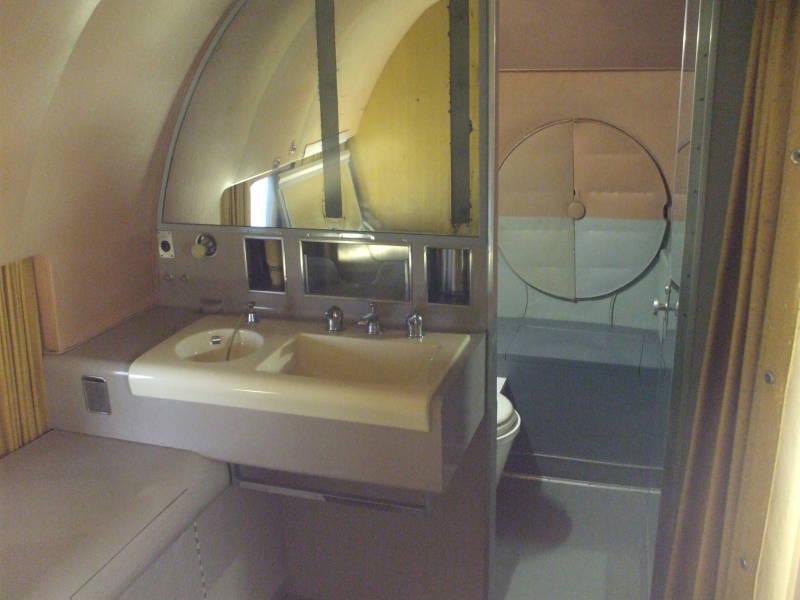 Executive lavatory on board Dwight Eisenhower's Presidential aircraft, a Lockheed Super Constellation VC-121E named 'Columbine III', view of front of aircraft.