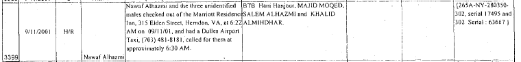 Part of page 290 of the FBI timeline of the 9/11 hijackers.