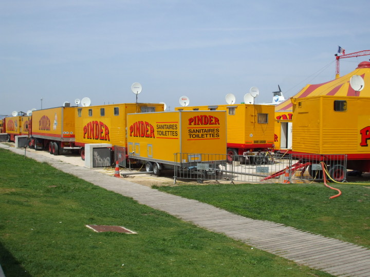 Toilet trailers at a French circus.