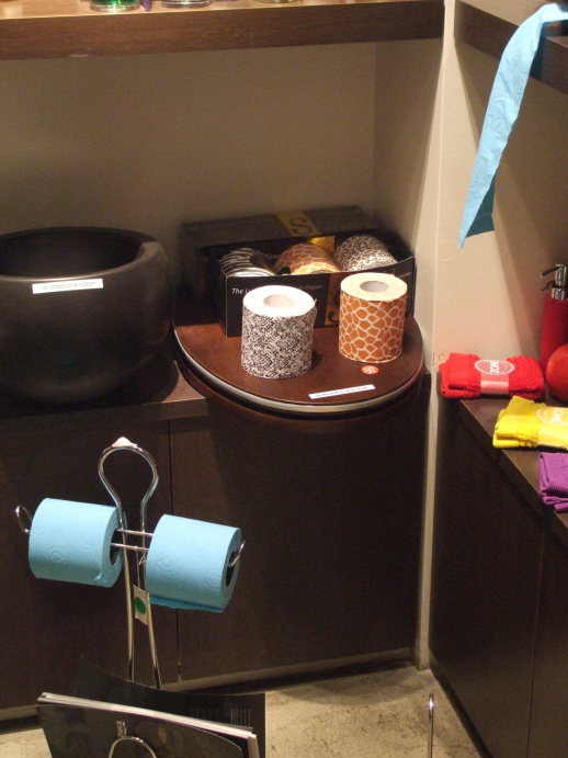 High fashion designer toilet seats and toilet paper, in the Printemps department store in Paris.