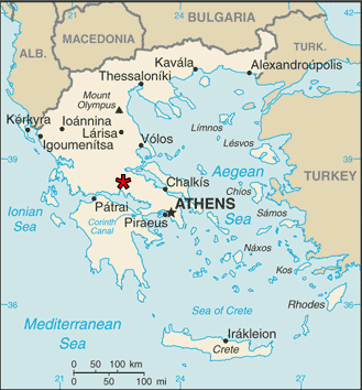 Map of Greece showing the location of Delphi.