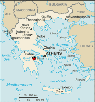 Map of Greece showing the location of ancient Mycenae.