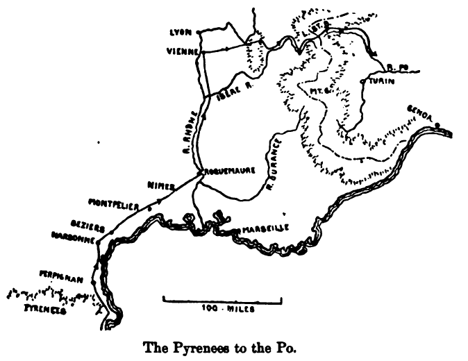 Overview of Hannibal's route from the Pyrenees mountains, across southern Gaul, up the Rhône, and through the Alps to Italy. From Theodore Ayrault Dodge's 'Hannibal', 1891.