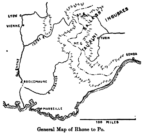 Overview of Hannibal's route up the Rhône and through the Alps to Italy. From Theodore Ayrault Dodge's 'Hannibal', 1891.