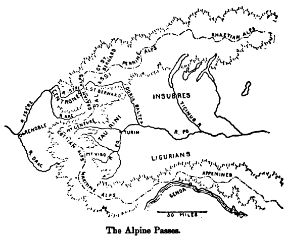 Hannibal's army seems to have taken the southern route, passing close to Mount Viso, instead of the northern routes through Saint Bernard's Pass. From Theodore Ayrault Dodge's 'Hannibal', 1891.