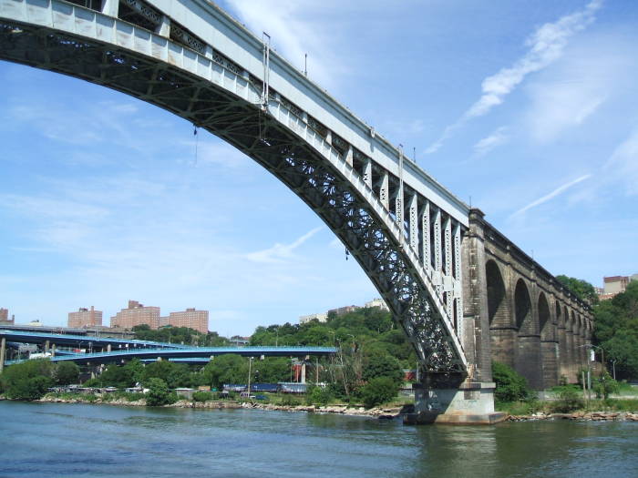 The Croton Aqueduct High Bridge connecting Bronx and Manhattan, seen from the walkway along the river on the Manhattan side.
