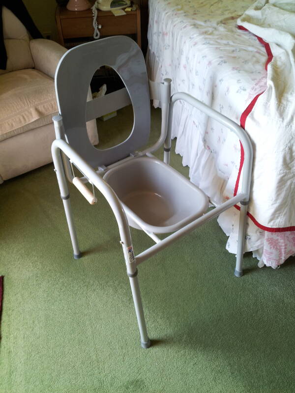 'Three-in-one' portable toilet unit in a bedroom.