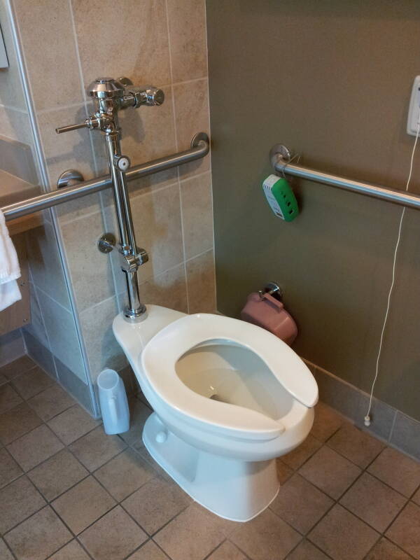 Hospital toilet with bedpan cleaning attachment, handrails, and call cord.