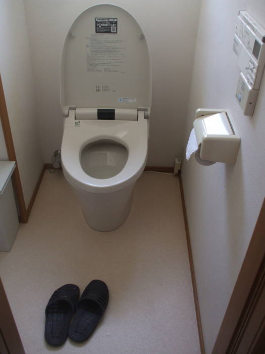 High-tech Japanese toilet at the Central Guesthouse in Kamakura. Infrared sensor raises the lid. Toilet slippers.