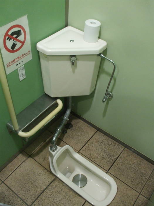 Dual-flush squat toilet at Kamakura train station.