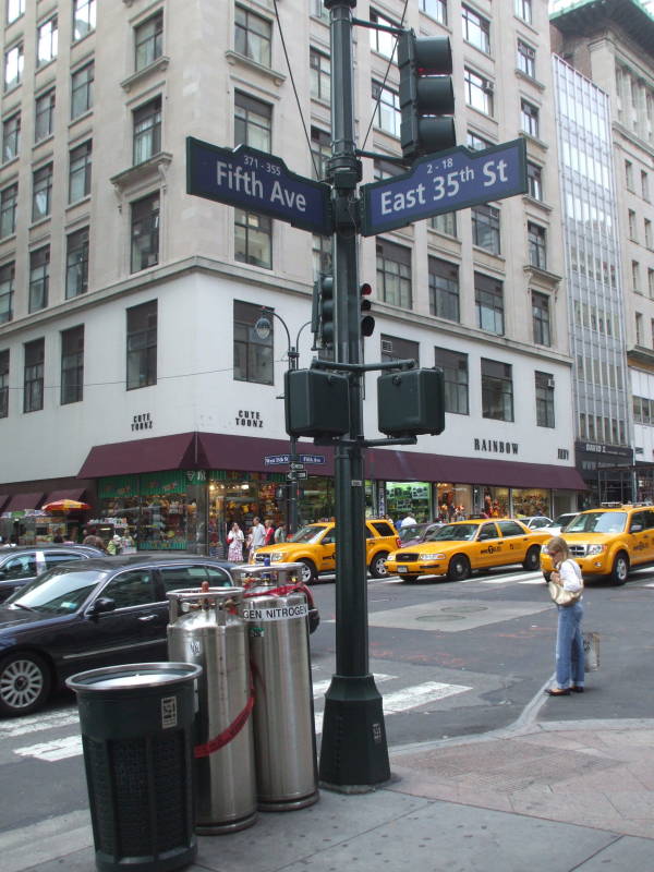 Dewar vacuum flasks of liquid nitrogen on Fifth Avenue at East 35th Street in New York, a block north of the Empire State Building.